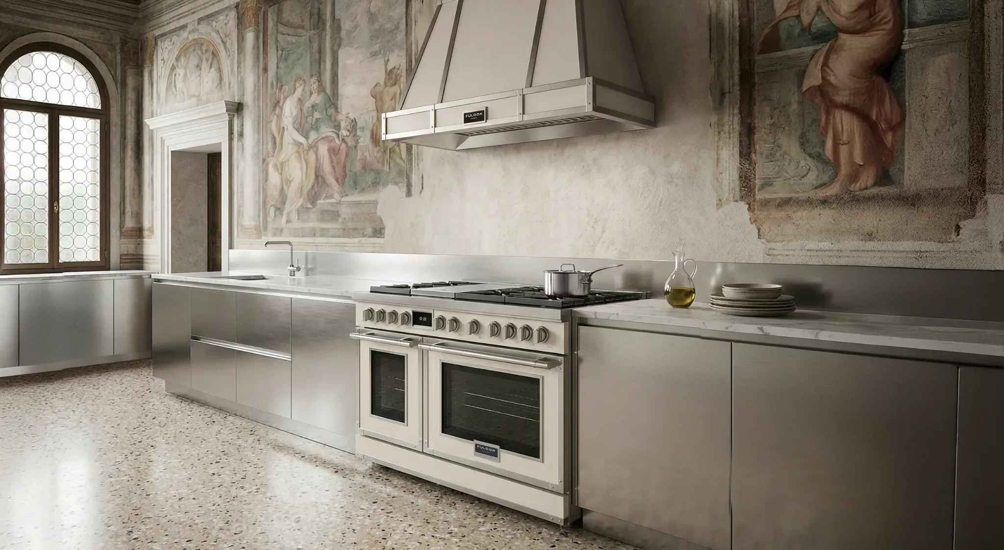 Fulgor Milano stainless steel range in a luxury Italian kitchen