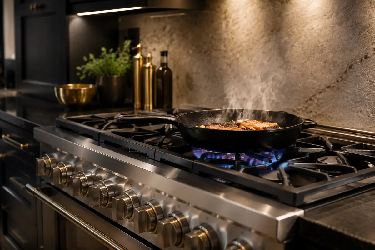 Food searing over a blue flame on a gas range