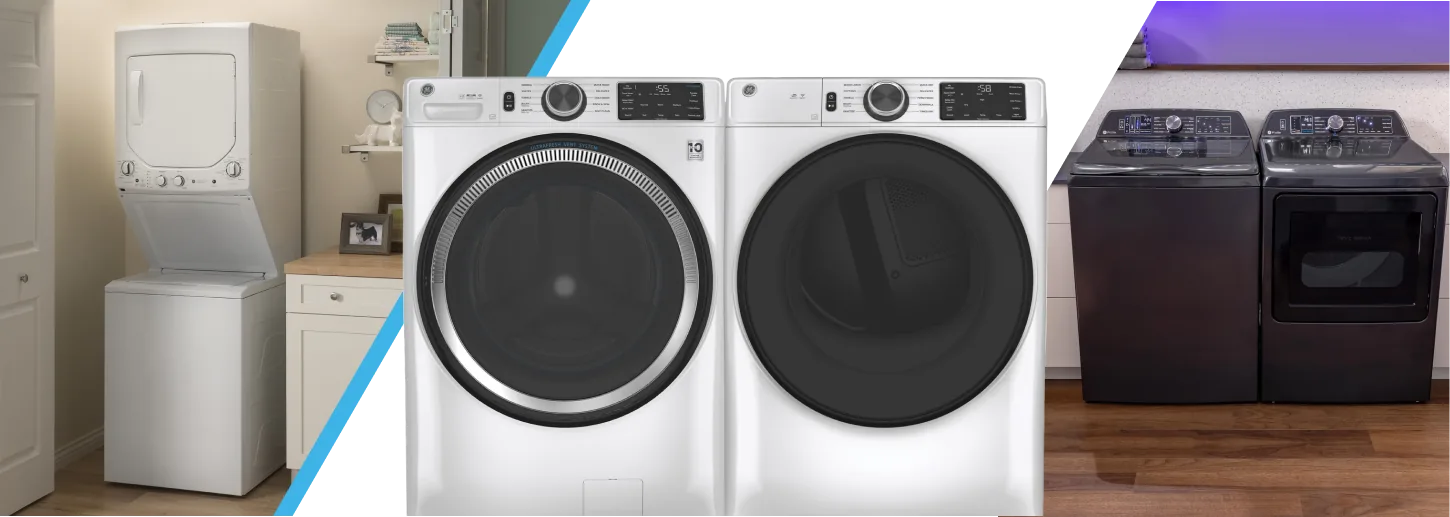 GE and Profile laundry appliances lineup with washer and dryer options